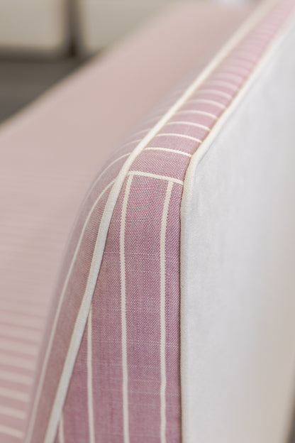 105"L Custom Scalloped Banquette - Lavender Striped Fabric, White Piping
