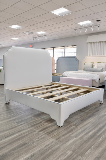The Helena King Bed - Scalloped Legs - White Performance Velvet Fabric - Sky Blue Trim
