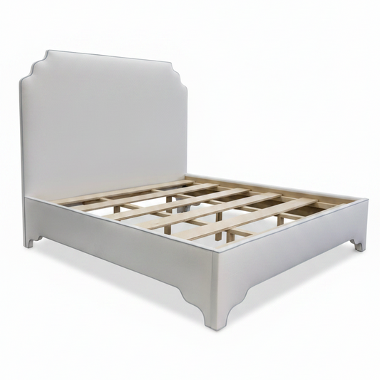 65" H King Platform Bed - Scalloped Legs - White Performance Velvet Fabric - Sky Blue Trim
