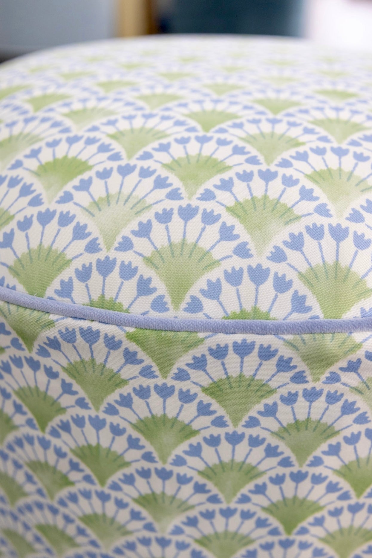 The Marlowe Ottoman - Floral Green / Blue Fabric with Blue Trim