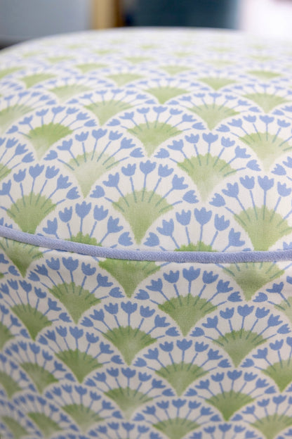 The Marlowe Ottoman - Floral Green / Blue Fabric with Blue Trim