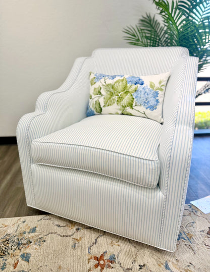 Custom Scalloped Swivel Chair: Classic Blue Stripe Fabric