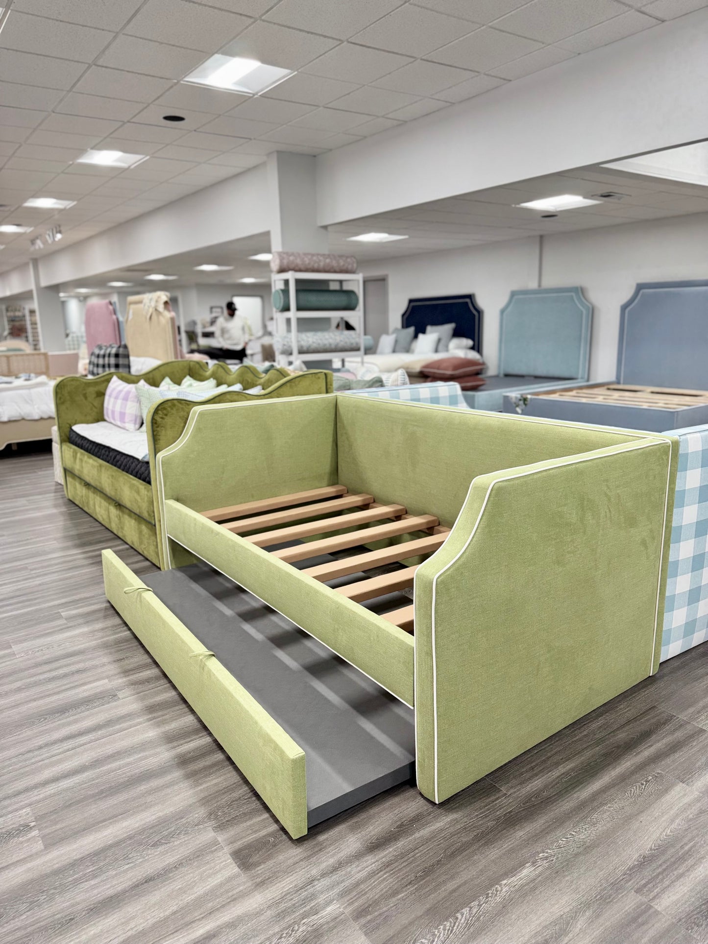 Twin Trundle Daybed - Pistachio Green Woven Fabric with White Trim