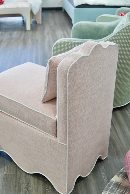 Custom Scalloped Upholstered Chair – Pink with White Piping