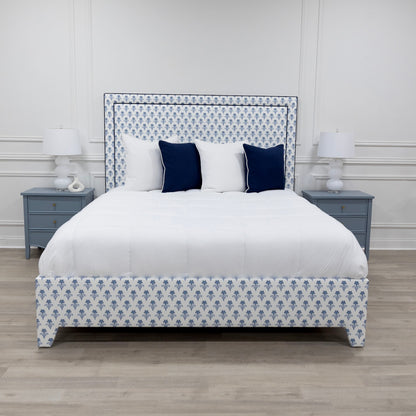 The Jacob King Bed - Blue Floral Linen Fabric - Navy Trim
