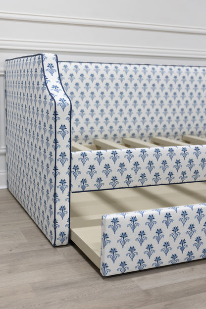 The Addison Twin Trundle Daybed - Lobelia Blues Fabric - Navy Trim