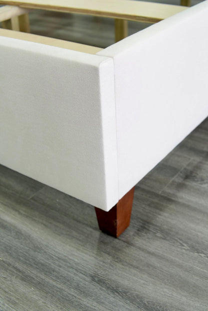 65" H King Platform Bed - Wooden Legs - Oatmeal Woven Fabric - White Welted