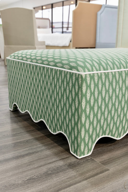 Scalloped ottoman - Floral Green with White Piping