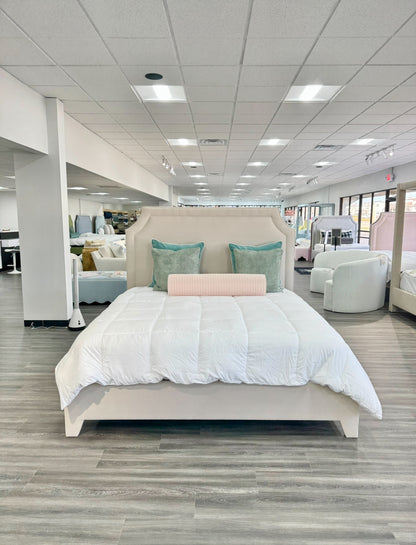 The Addison King Bed - Upholstered Legs - Beige Woven Fabric - Self Welted