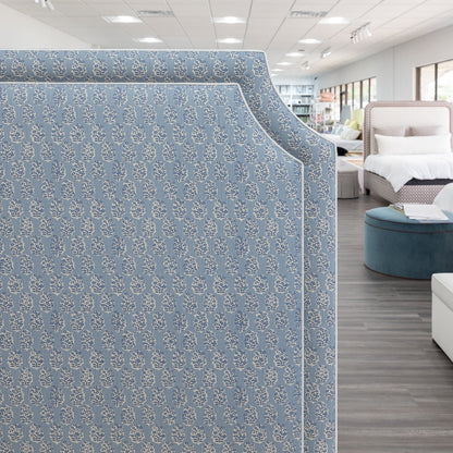 65”H Queen Platform Upholstered Bed - Perry Blue Polyester Fabric with White Trim