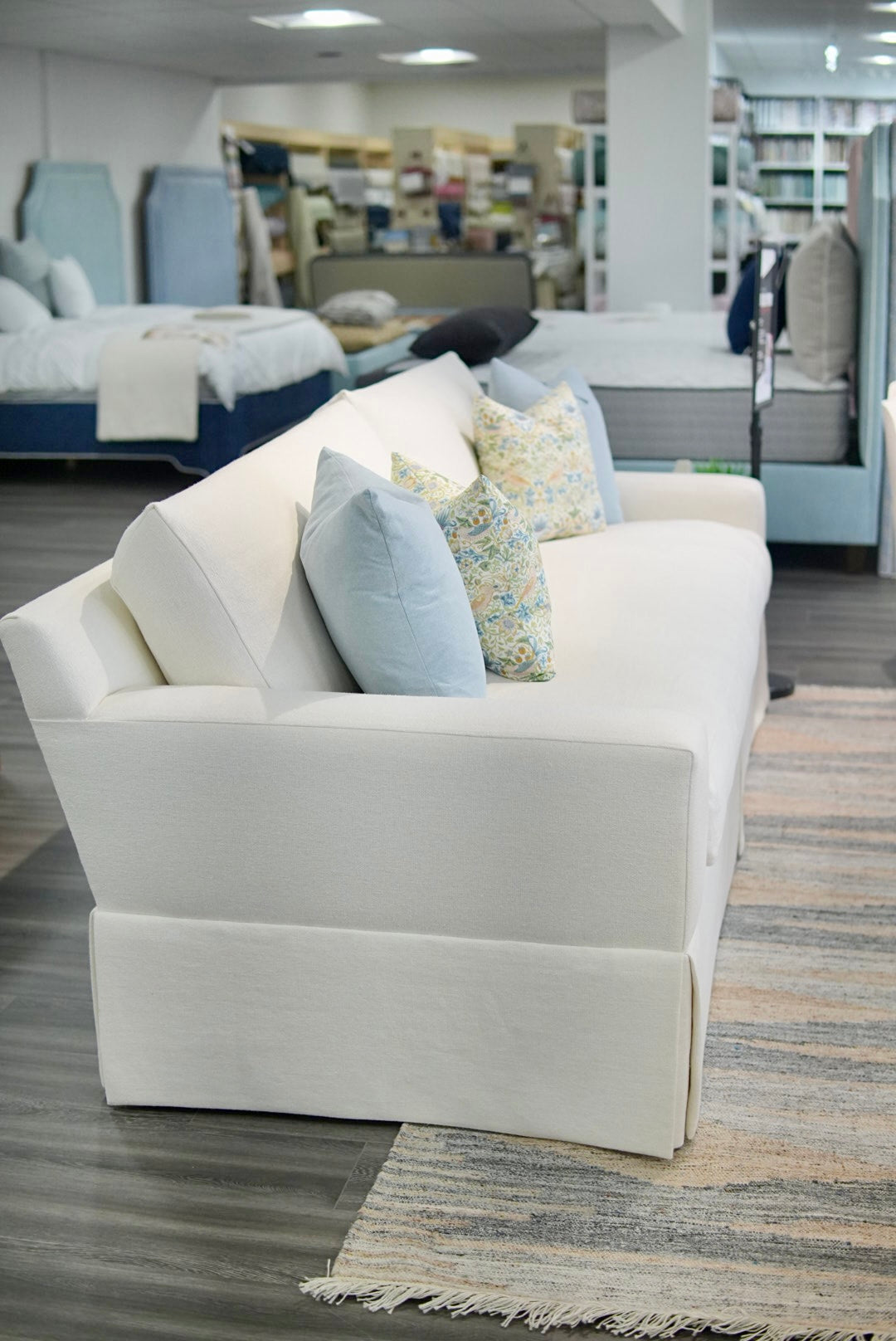 Luxe Feather-Seat Skirted Sofa in Schumacher Designer Upholstery Linen Fabric – Custom Built, In Stock