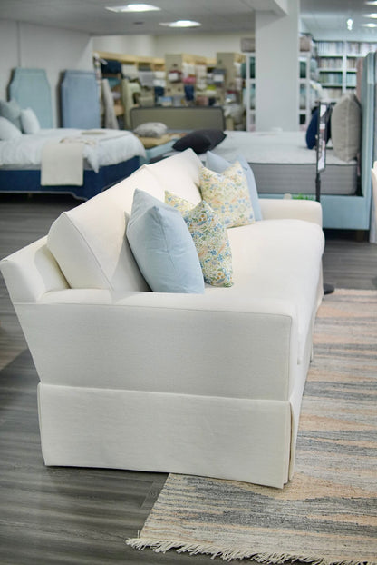 Luxe Feather-Seat Skirted Sofa in Schumacher Designer Upholstery Linen Fabric – Custom Built, In Stock