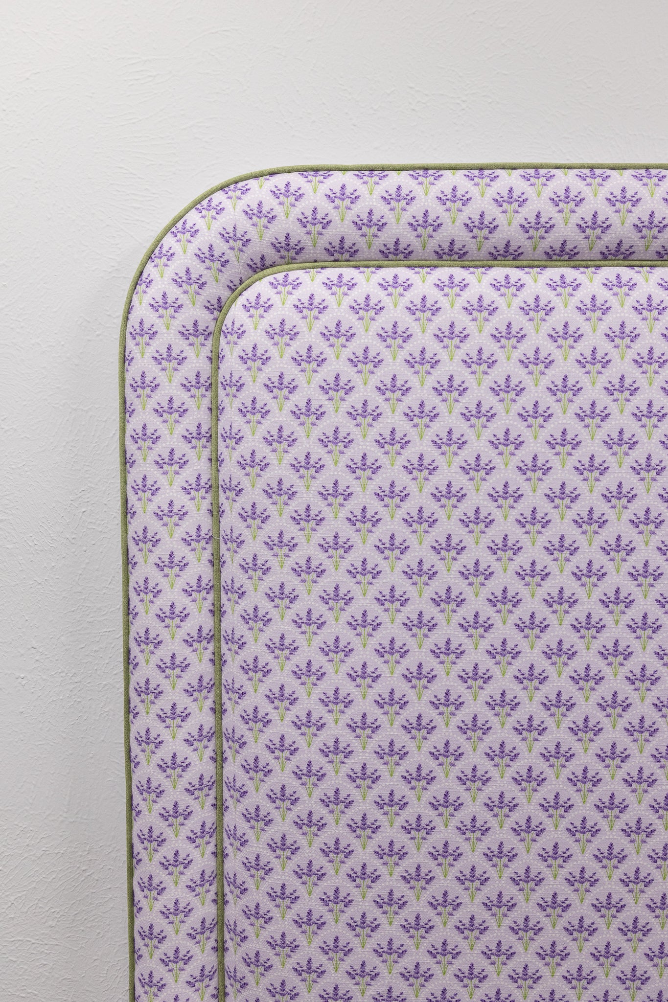 65”H Queen Headboard Only - Lorraine Lavender Floral Linen Fabric - Green Trim