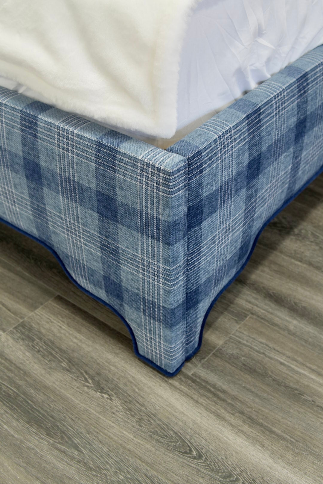 65”H Queen Upholstered Platform Bed - Navy Plaid Fabric - Navy Trim