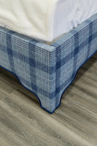 65”H Queen Upholstered Platform Bed - Navy Plaid Fabric - Navy Trim