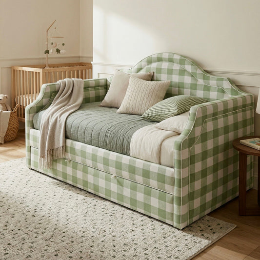 Twin Trundle Daybed - Sage Green Checkered Fabric with White Trim