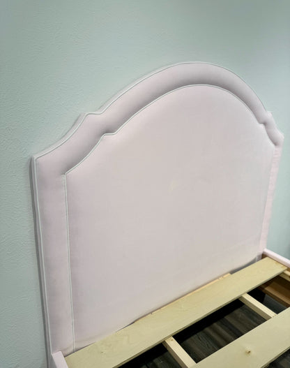 60”H Queen Upholstered Platform Bed - Scalloped Base - Powder Pink Woven Fabric with White Pink