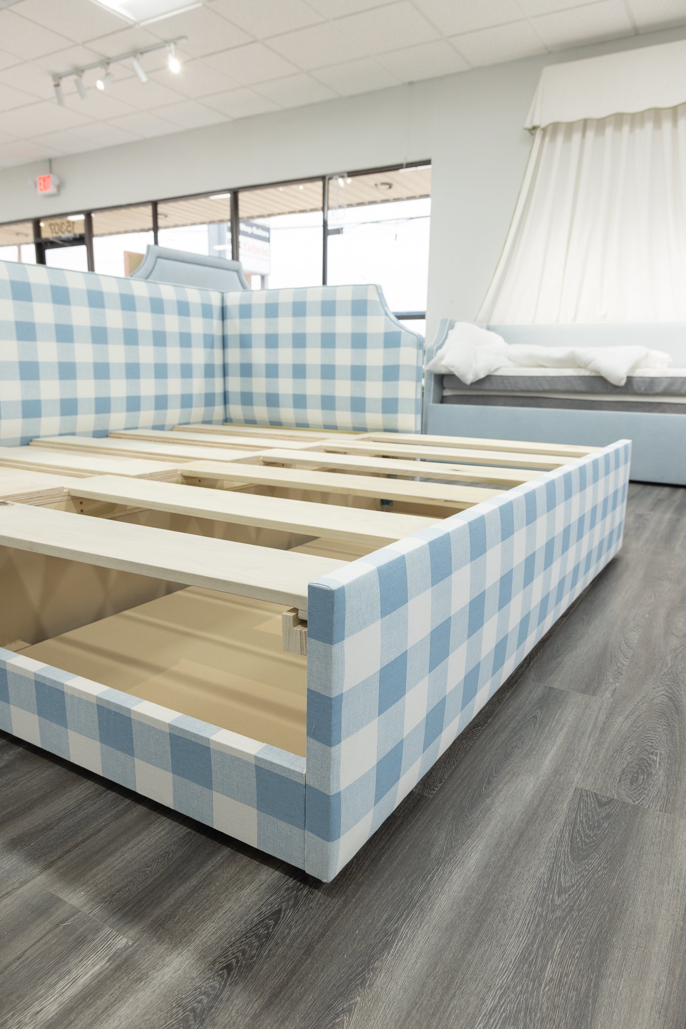 The Addison Twin to King Trundle Daybed - Buffalo Blue Fabric - Sky Blue Trim
