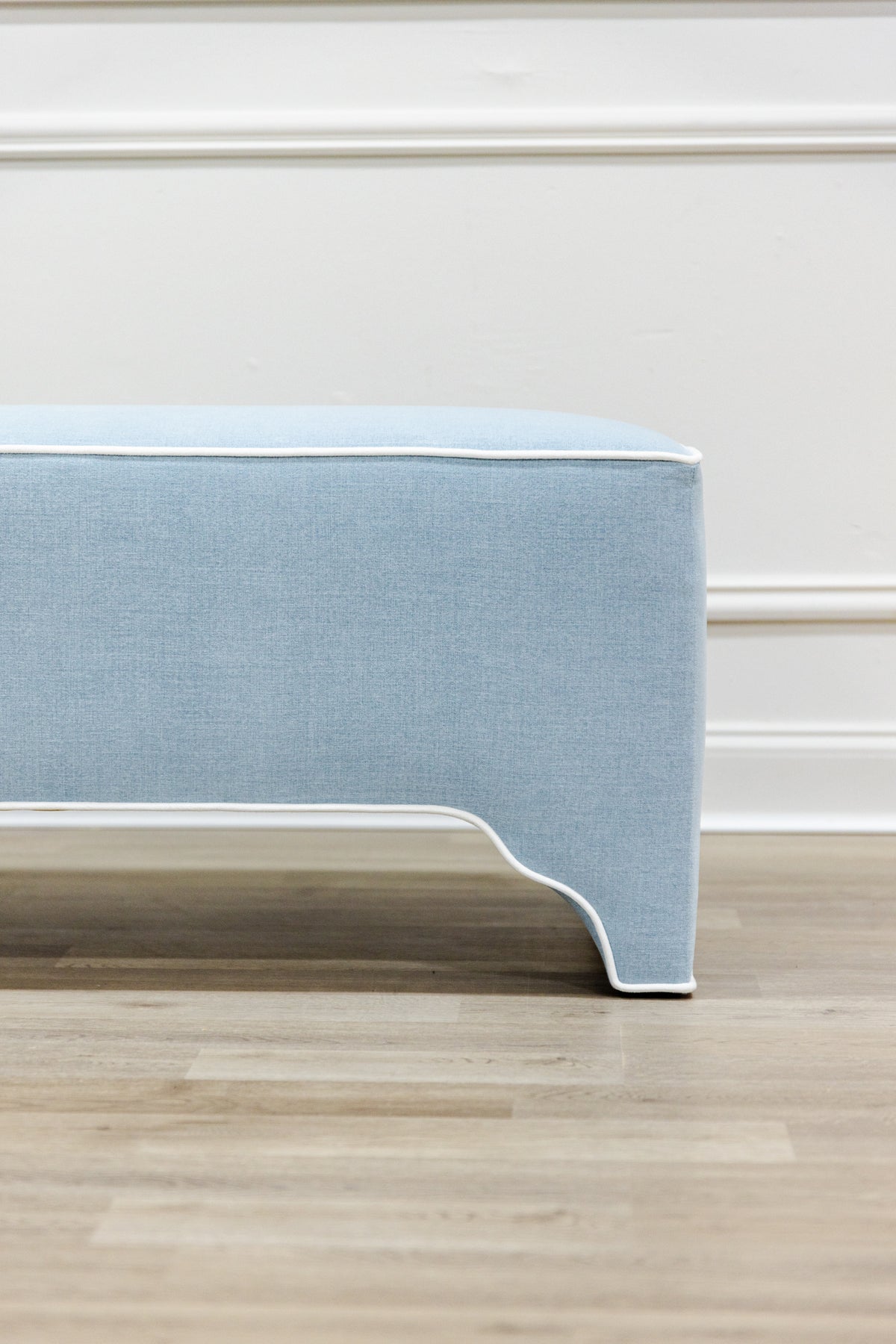 Custom Upholstered Bench in Sky Blue Woven Fabric