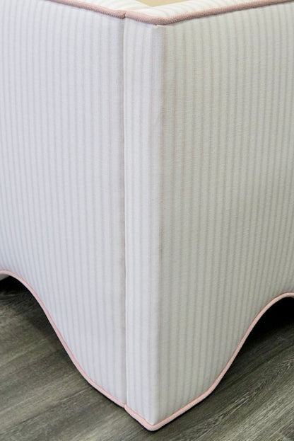 60”H Twin Upholstered Platform Base Bed - Scalloped Base - Classic Ticking Pink Fabric with Pink Trim