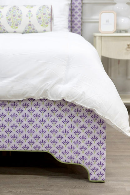 The Addison Queen Bed - Lavender Floral Linen Fabric - Green Trim