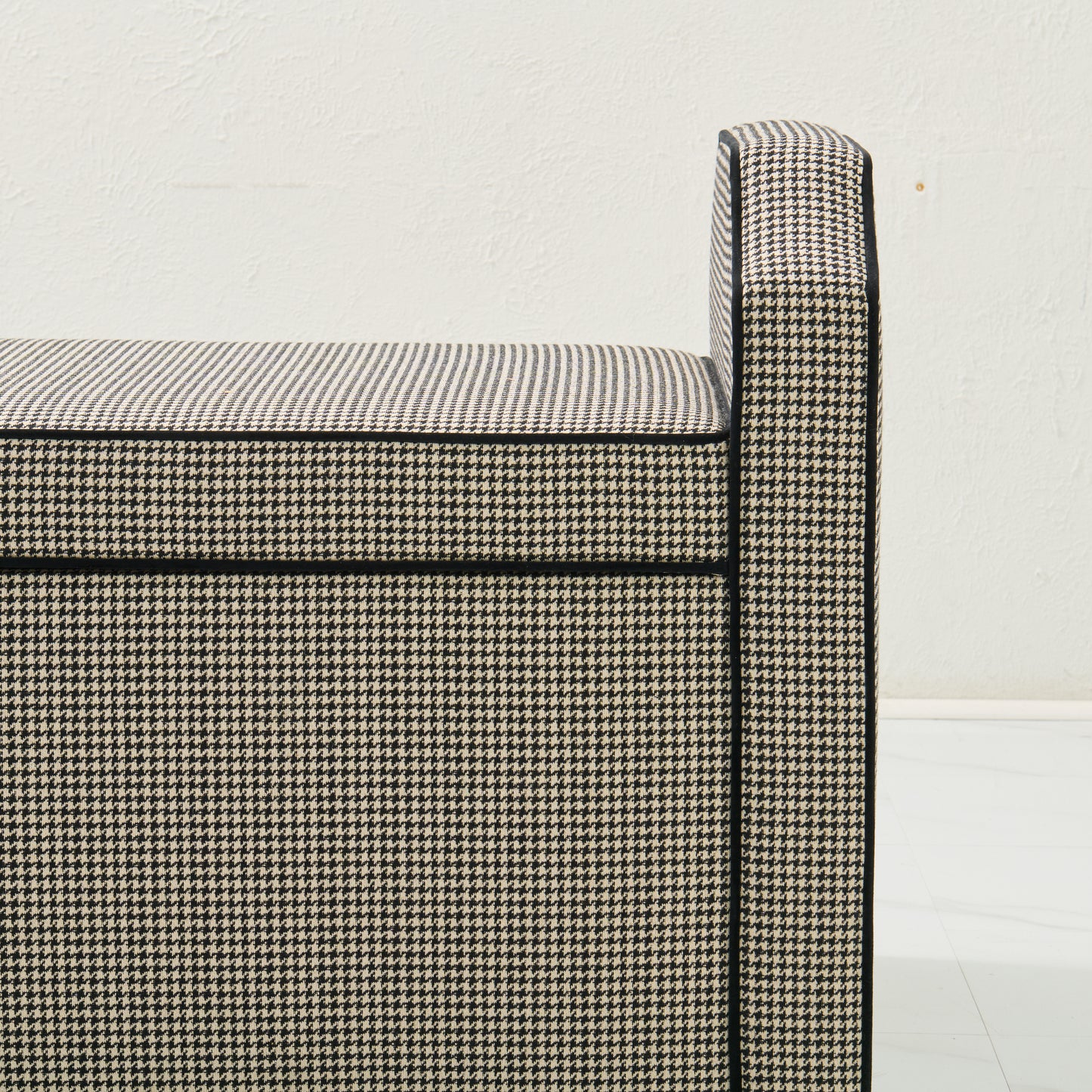Milly Storage Bench – Houndstooth Fabric with Black Mohair Trim