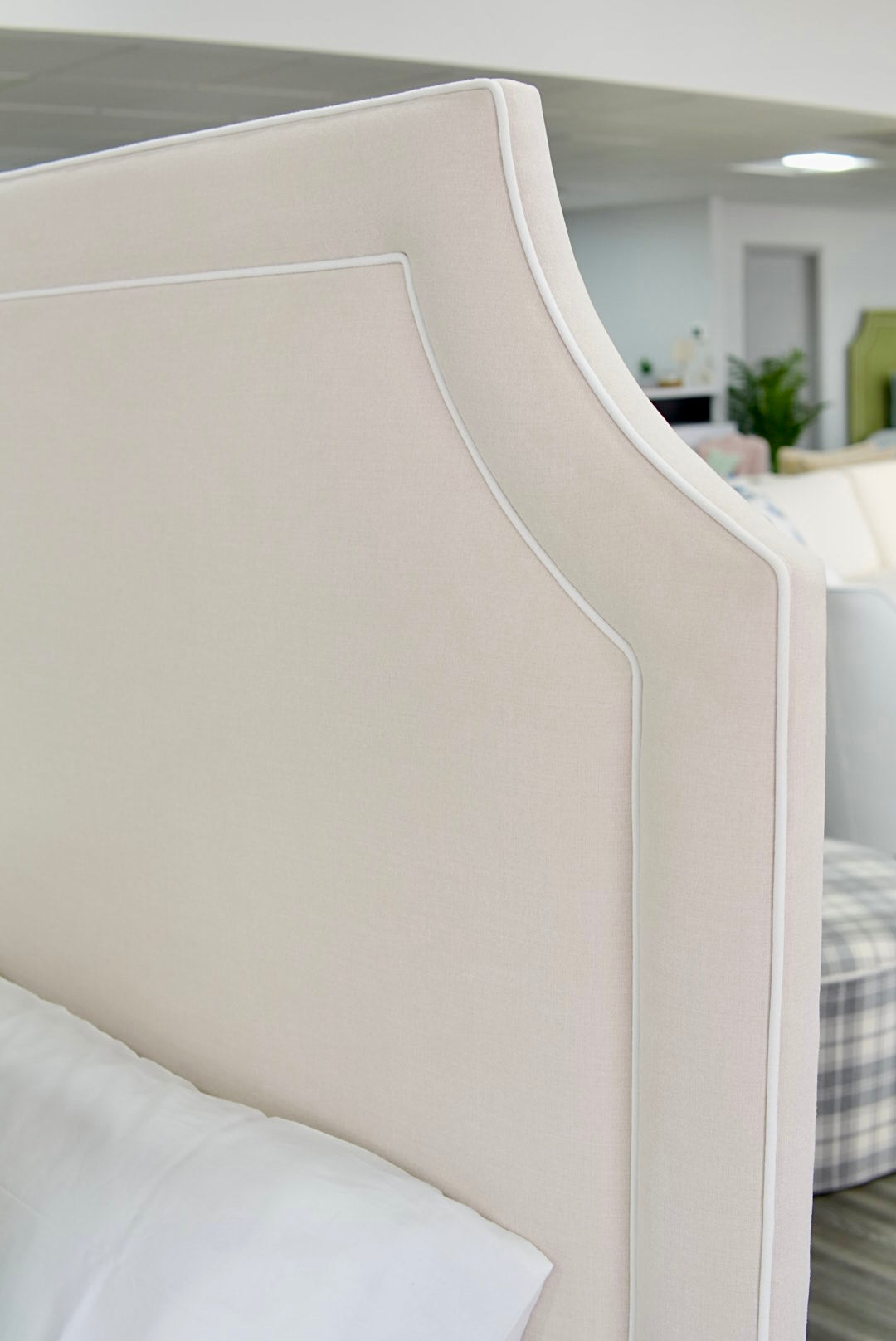 65" H King Platform Bed - Wooden Legs - Oatmeal Woven Fabric - White Welted