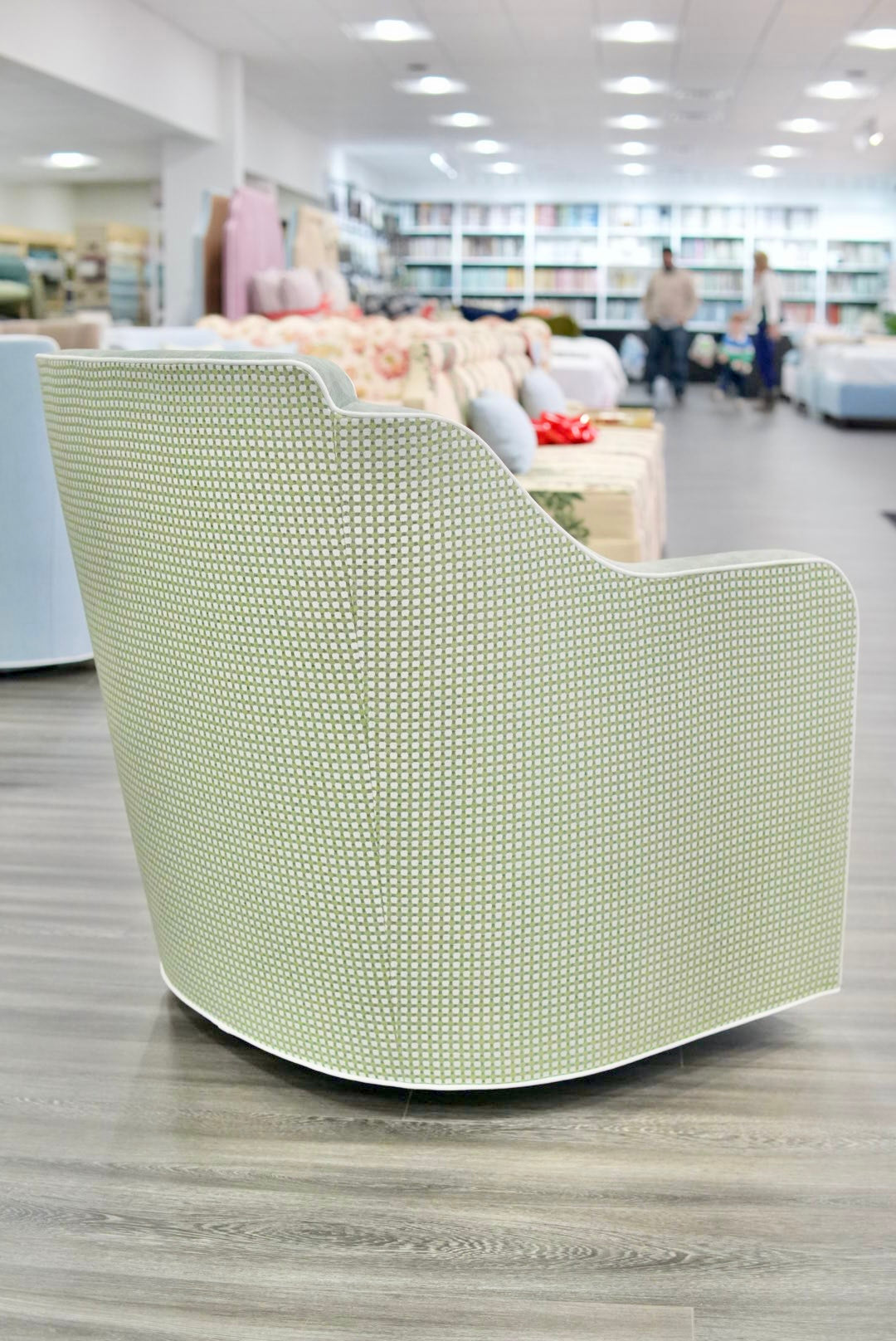 Custom Rachel Scalloped Swivel Chair: Thibaut Darcy Fabric