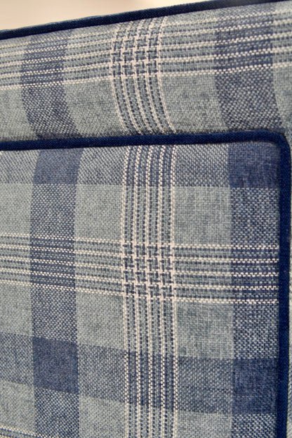 65”H Queen Upholstered Platform Bed - Navy Plaid Fabric - Navy Trim