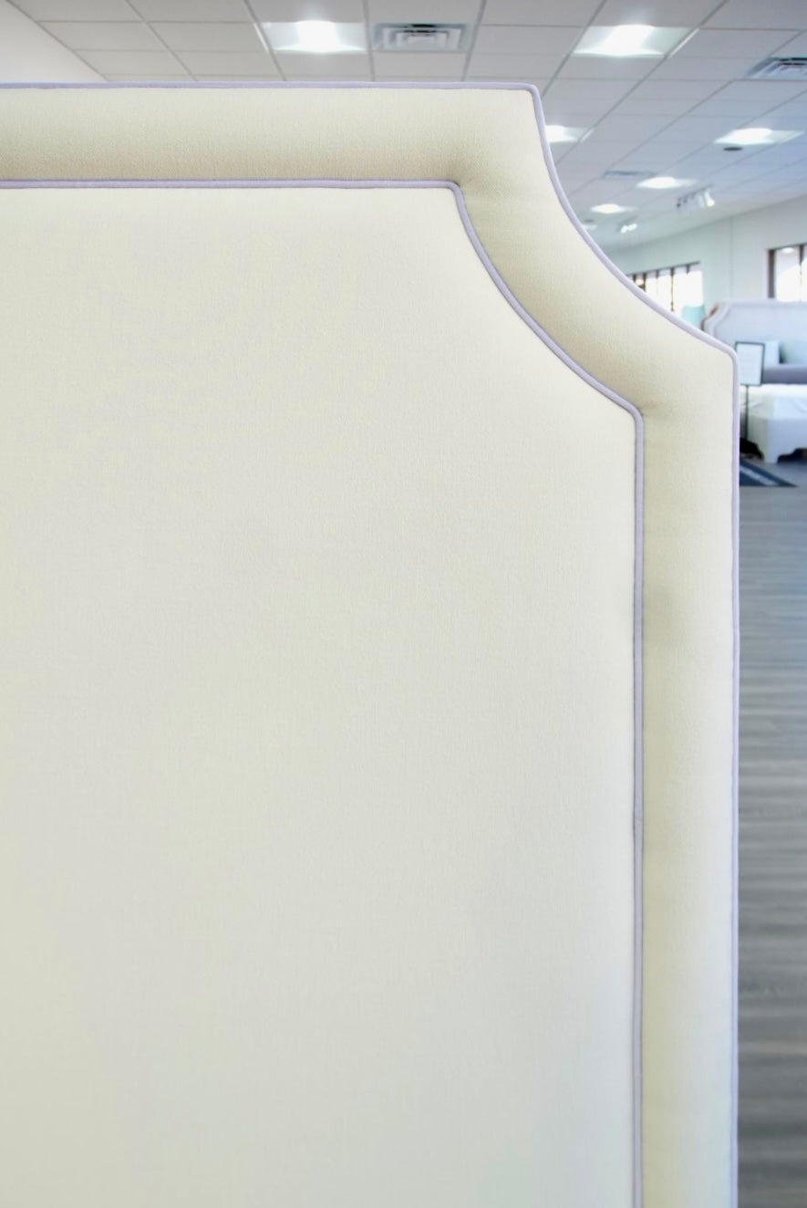 65" H Queen Platform Bed - NY Oatmeal Woven Fabric - Purple Trim