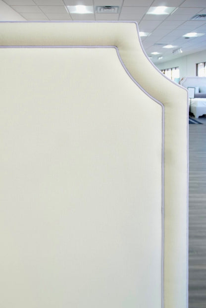 65" H Queen Platform Bed - NY Oatmeal Woven Fabric - Purple Trim