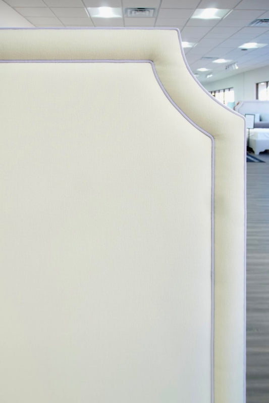 65" H Queen Platform Bed - NY Oatmeal Woven Fabric - Purple Trim