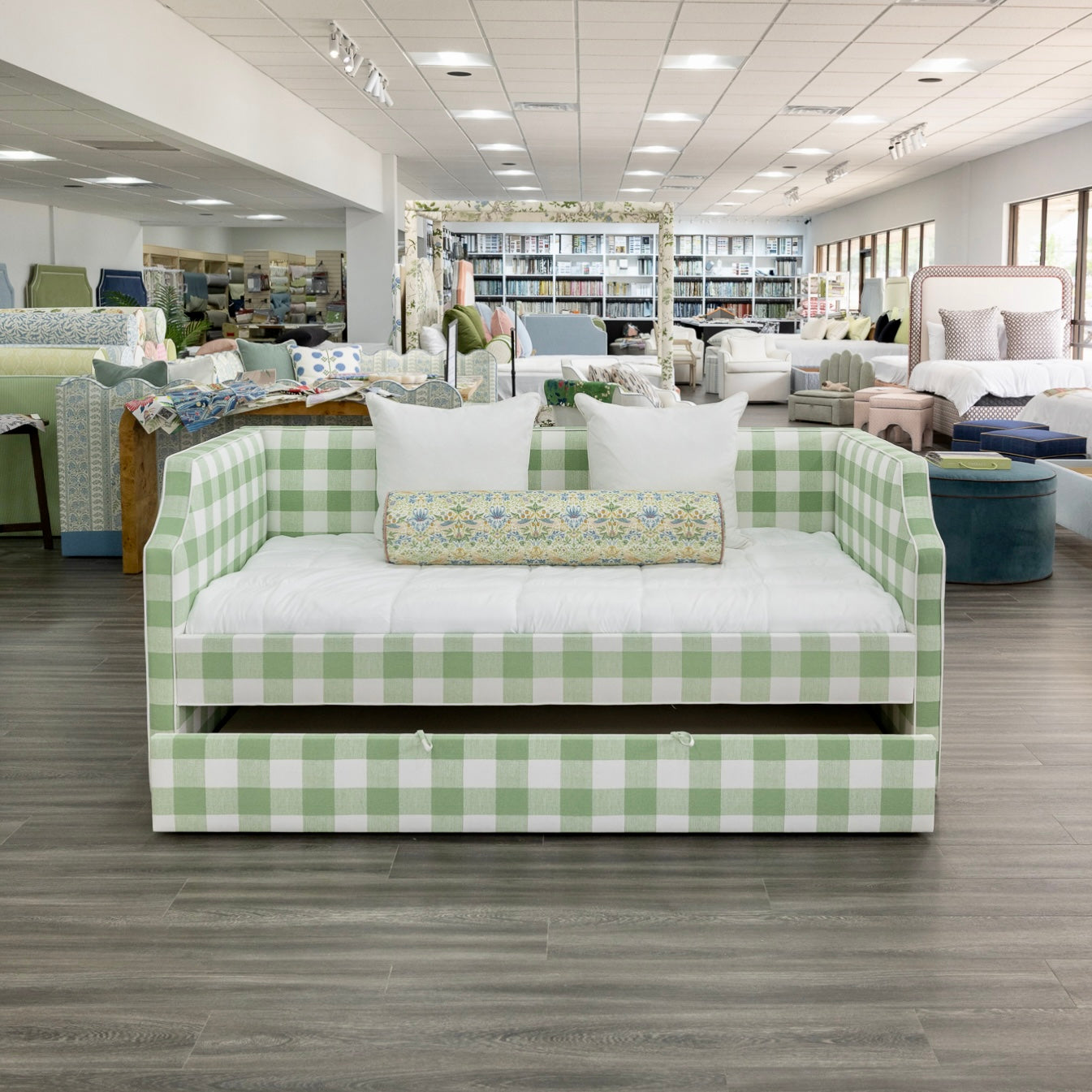 The Addison Twin Trundle Daybed - Buffalo Sage Green Fabric - White Trim