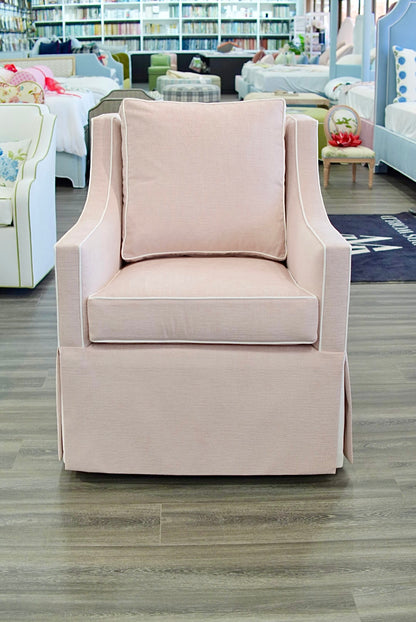 Custom Swivel Glider Chair – Performance Light Pink Chenille Fabric with White Trim