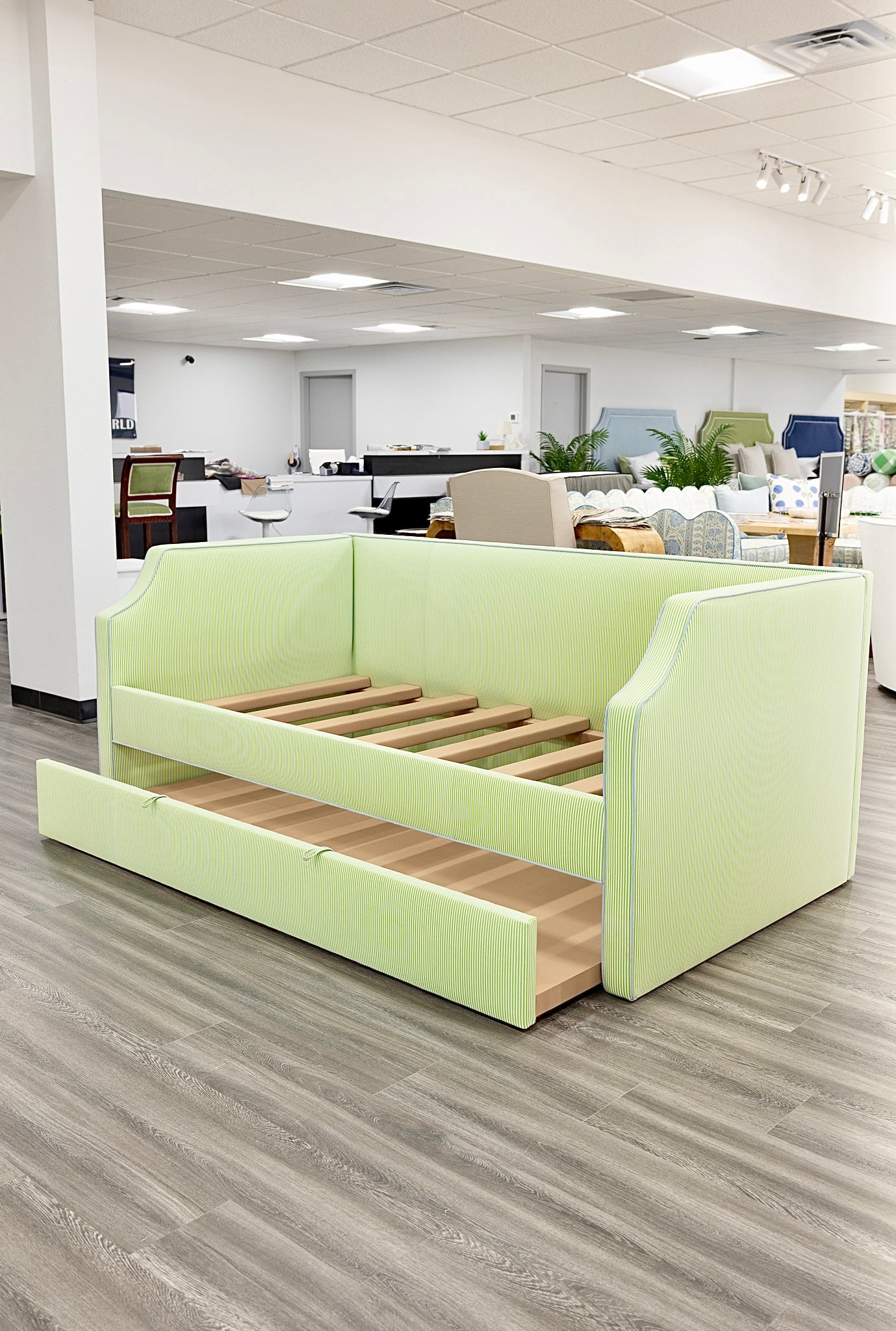 The Addison Twin Trundle Daybed - Striped Green Fabric - Sky Blue Trim