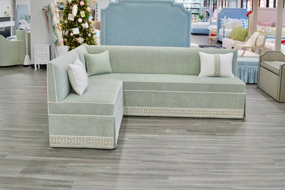 Custom Upholstered Skirted Banquette – Performance Green Chenille Fabric, White Piping