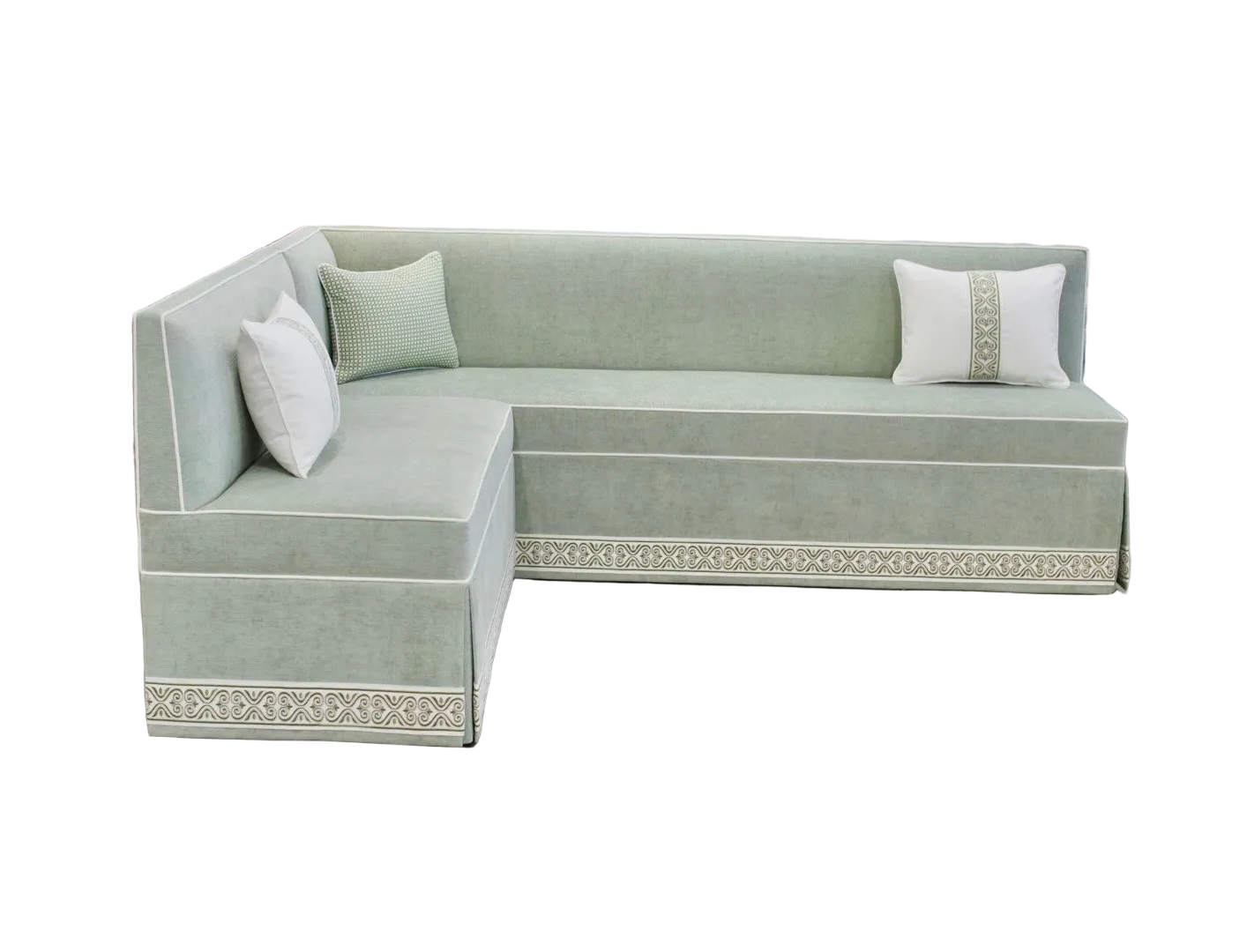Custom Upholstered Skirted Banquette – Performance Green Chenille Fabric, White Piping