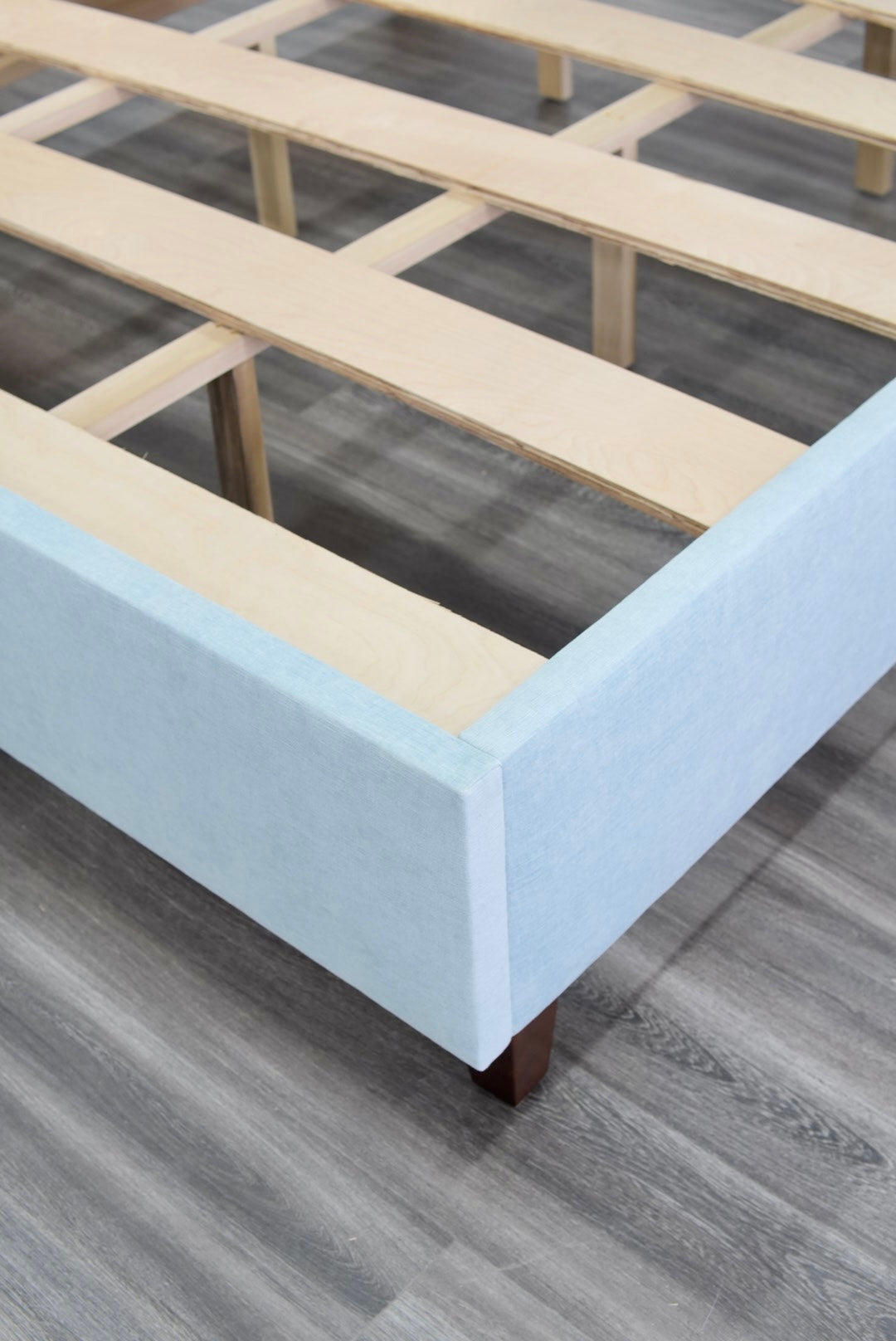 The Addison King Bed - Wooden Legs - Seafoam Blue Chenille Fabric with White Trim