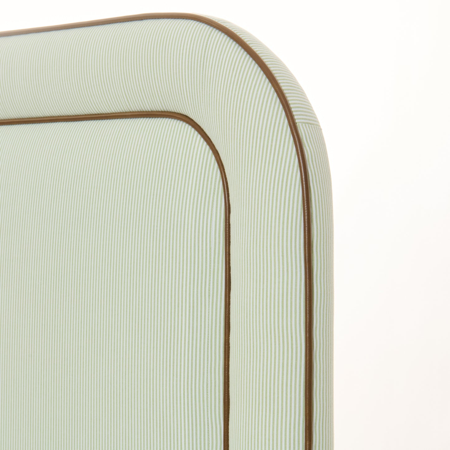 The Lorraine Queen Platform Bed - Striped Green & White Fabric - Leather Trim