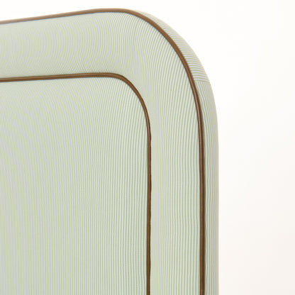 The Lorraine Queen Platform Bed - Striped Green & White Fabric - Leather Trim