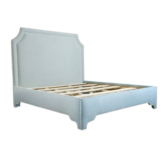 The Addison King Platform Bed - Scalloped Legs - Sky Blue Woven Fabric with White Trim
