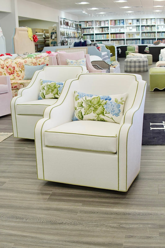 Custom Scalloped Swivel Chair: White Performance Fabric - Pistachio Green Trim