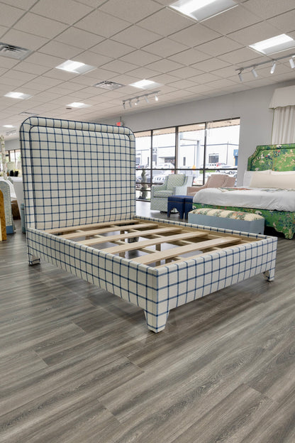 The Lorraine Queen Platform Bed in Navy Plaid Fabric - Navy Trim