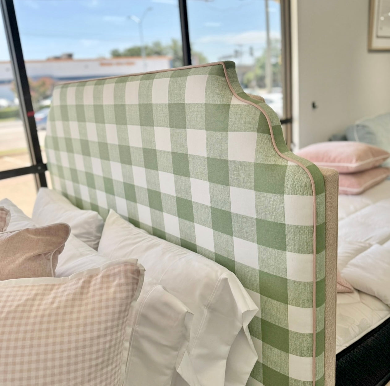 65”H Queen Platform Bed in our Buffalo Green with Pink Trim — In-stock now.