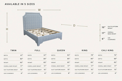 The Addison Queen Bed - Scalloped Legs - Perry Blue Polyester Fabric - White Trim