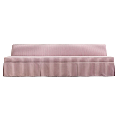 105"L Custom Scalloped Banquette - Lavender Striped Fabric, White Piping