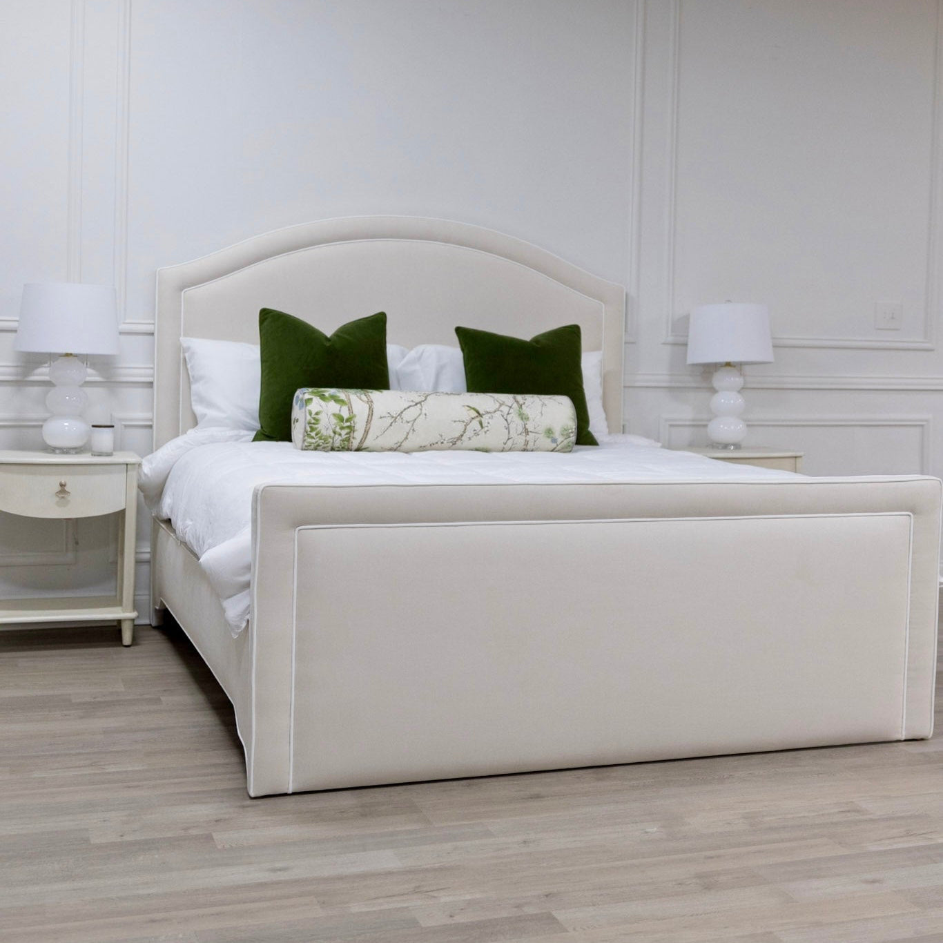The Lilliane King Bed - Upholstered Footboard - Oatmeal Woven Fabric - White Trim