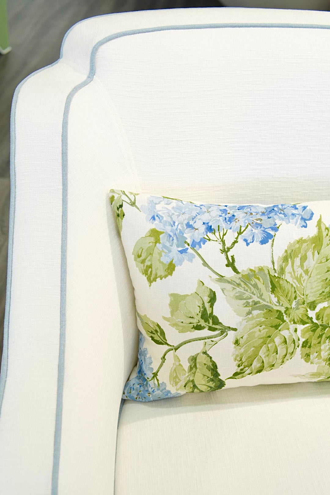 Custom Scalloped Swivel Chair: White Performance Fabric - Sky Blue Trim