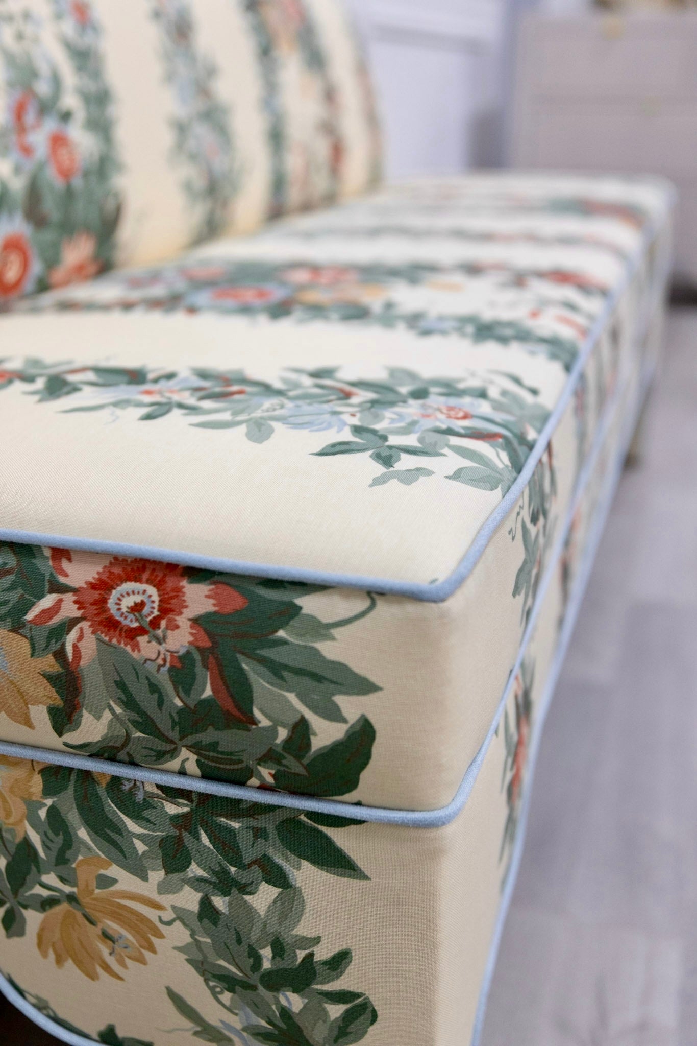 The Helena Banquette – Malmaison Jardin - Sky Blue Piping