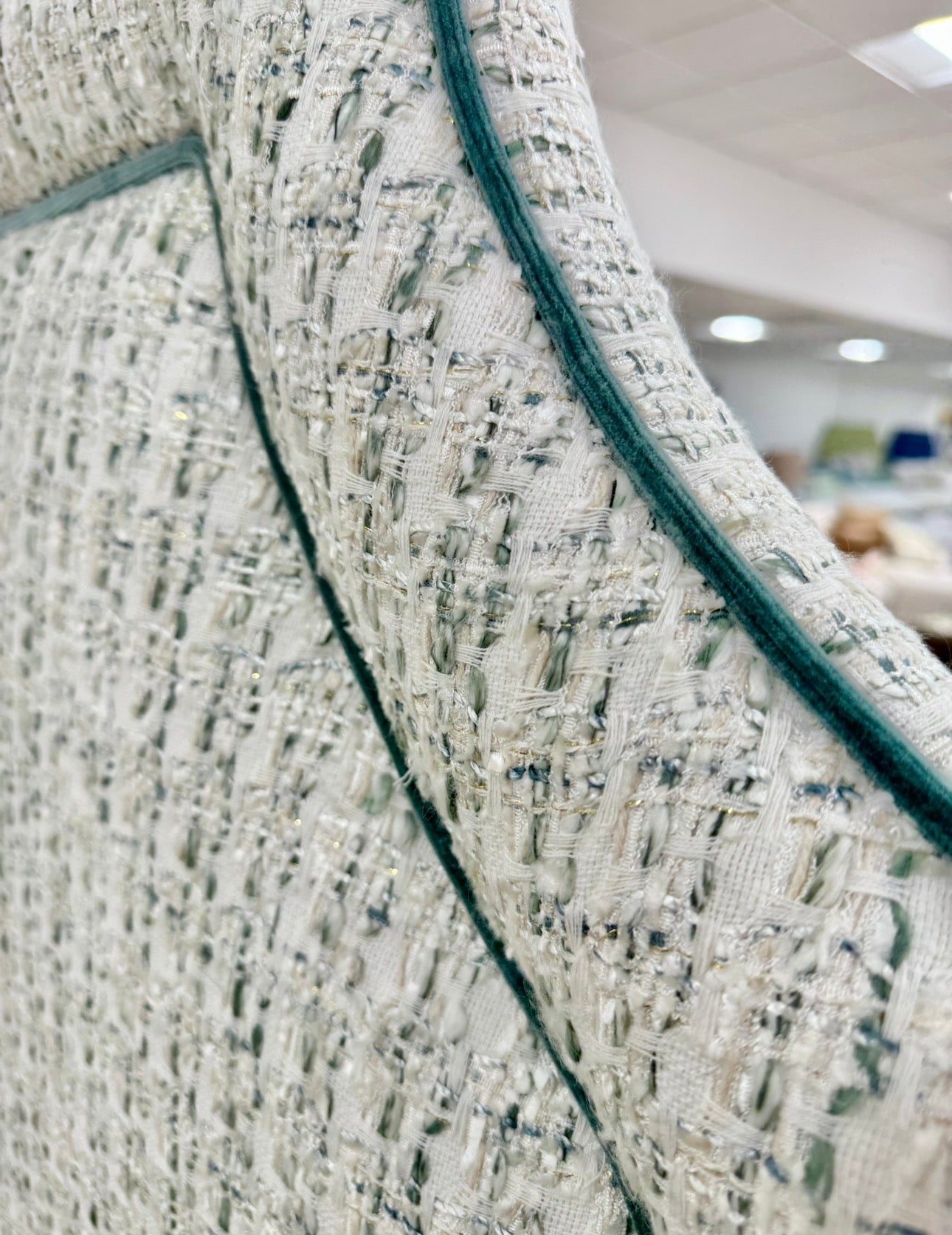 65" H King Platform Bed - Scalloped Legs - Textured Kravet Fabric- Teal Trim